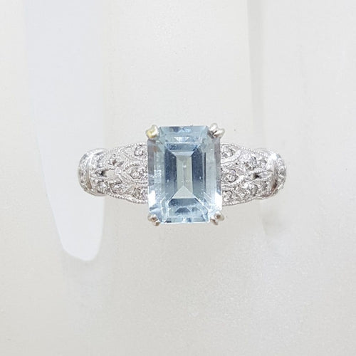 14ct White Gold Rectangular Topaz with Ornate Set Diamond Ring