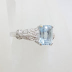 14ct White Gold Rectangular Topaz with Ornate Set Diamond Ring