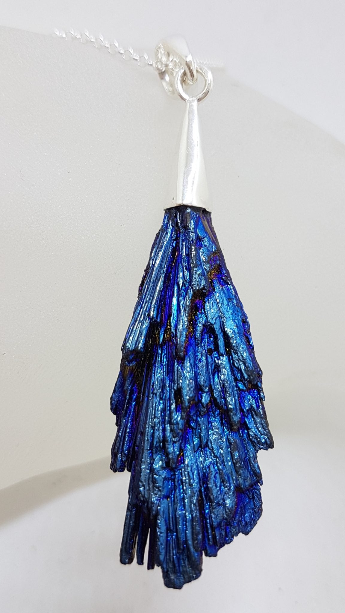 Sterling Silver Black Titanium Kyanite Pendant on Silver Chain – Vibrant Blue