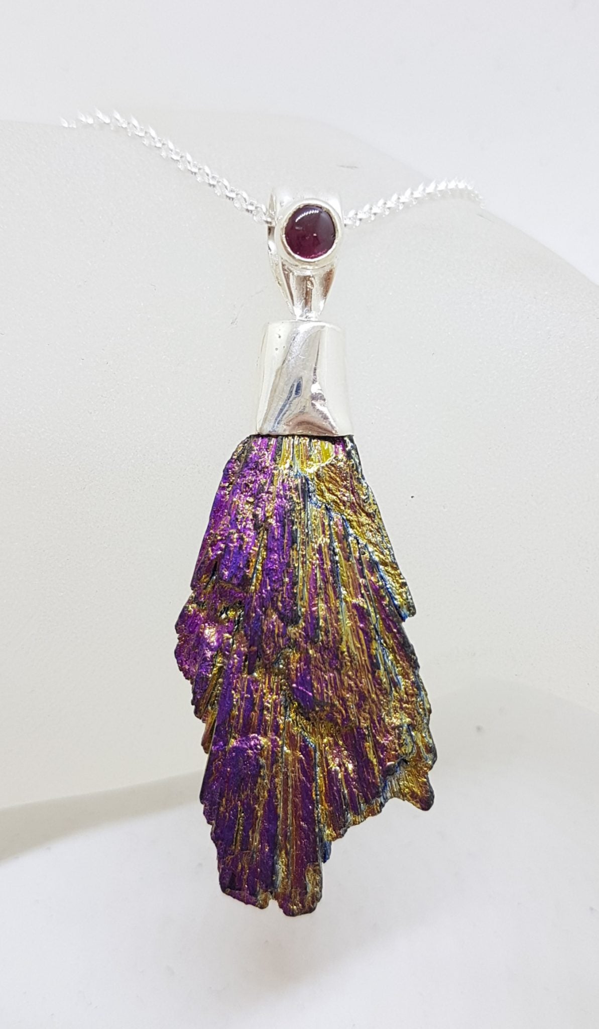 Sterling Silver Black Titanium Kyanite Pendant on Silver Chain – Purple &amp; Yellow with Garnet