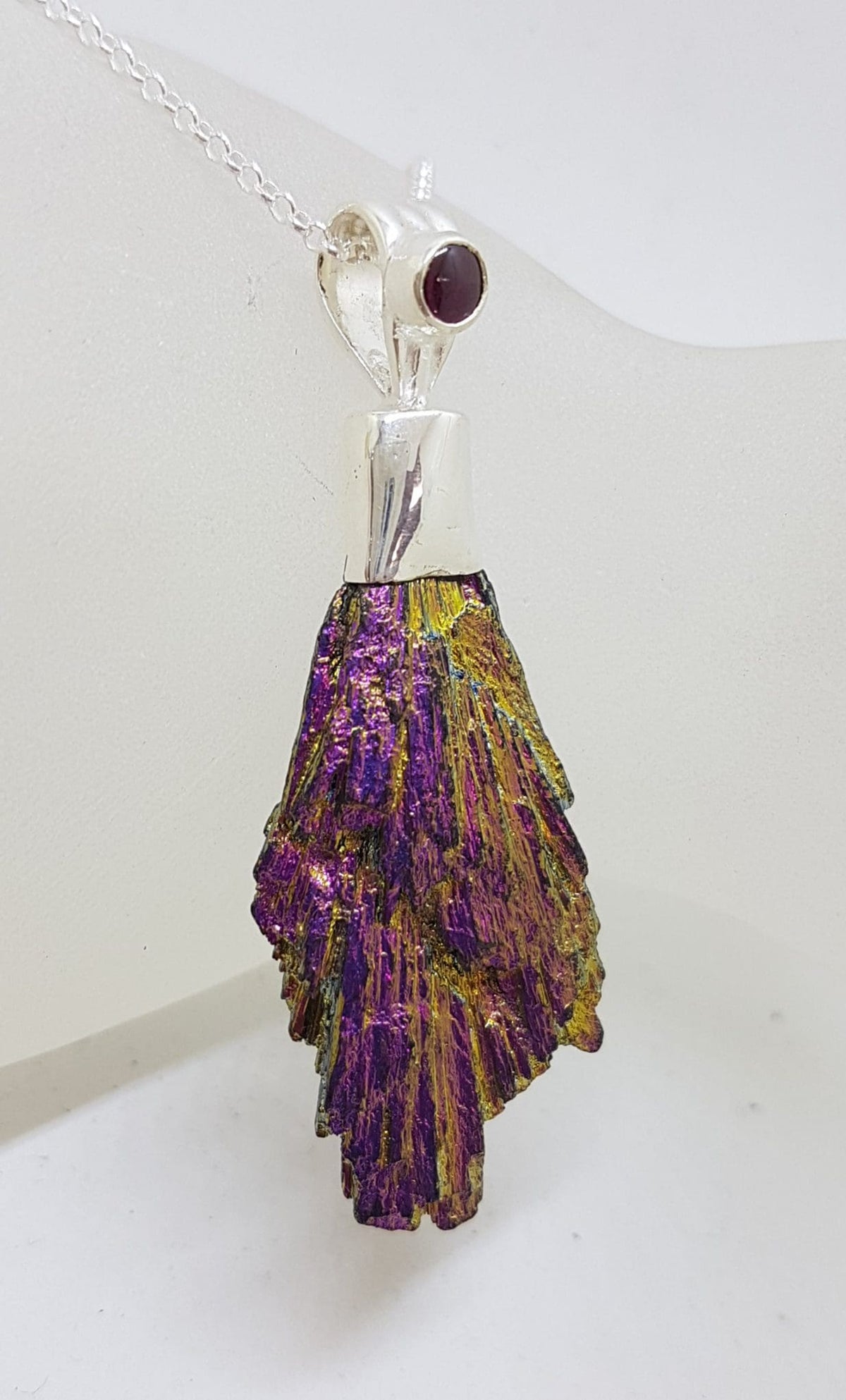Sterling Silver Black Titanium Kyanite Pendant on Silver Chain – Purple &amp; Yellow with Garnet