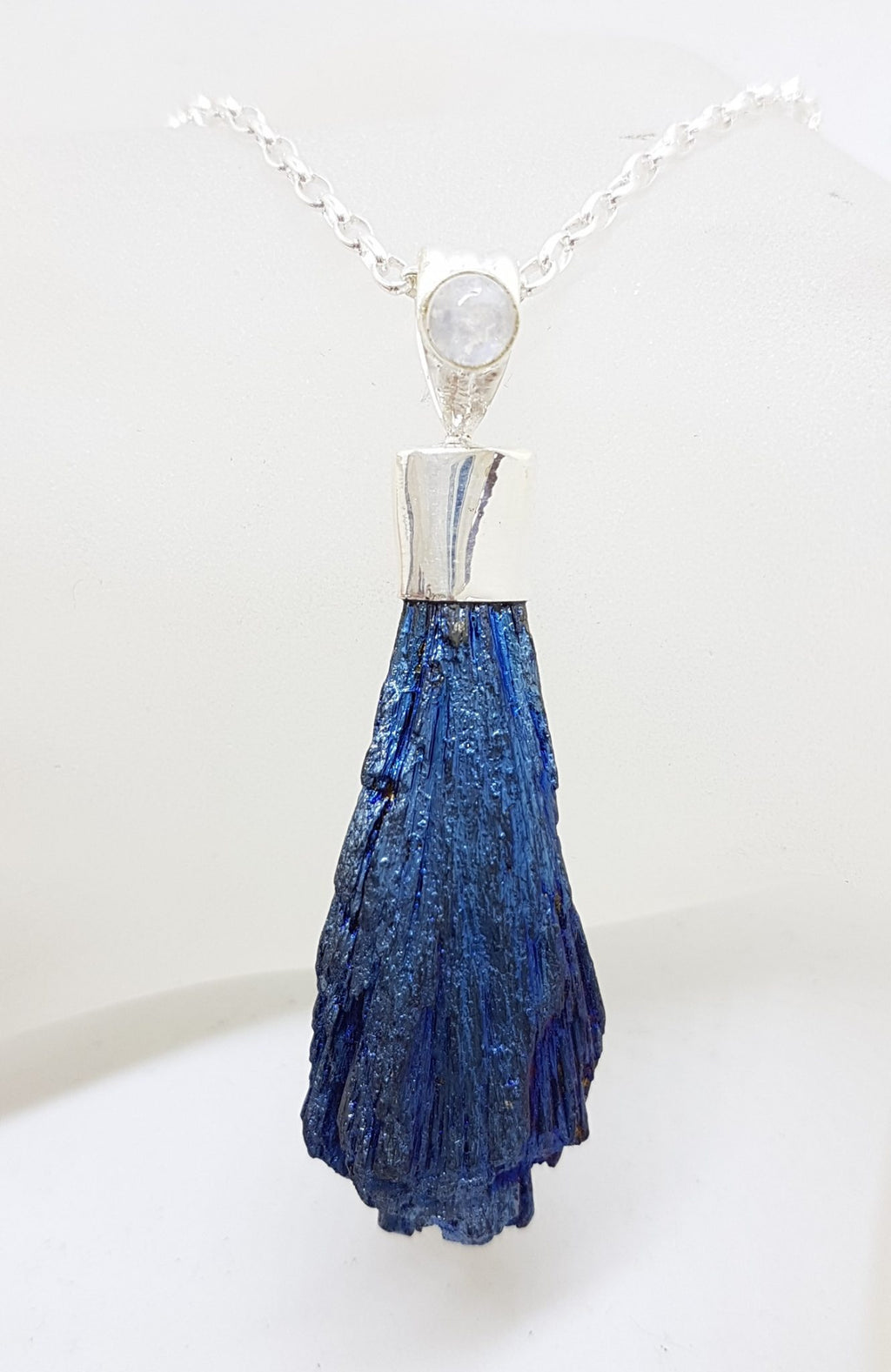 Sterling Silver Black Titanium Kyanite Pendant on Silver Chain – Blue with Moonstone