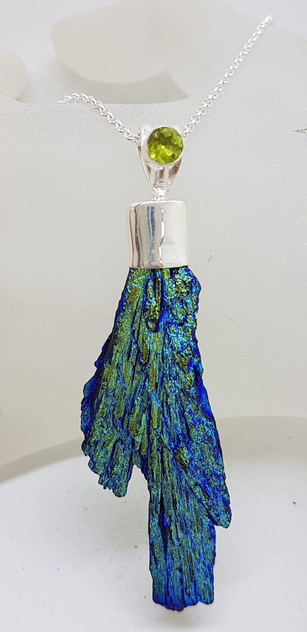 Sterling Silver Black Titanium Kyanite Pendant on Silver Chain – Large Blue and Green with Peridot