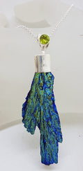 Sterling Silver Black Titanium Kyanite Pendant on Silver Chain – Large Blue and Green with Peridot