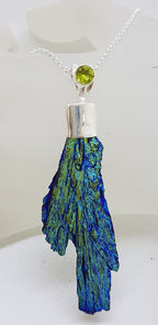 Sterling Silver Black Titanium Kyanite Pendant on Silver Chain – Large Blue and Green with Peridot