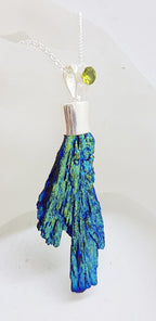 Sterling Silver Black Titanium Kyanite Pendant on Silver Chain – Large Blue and Green with Peridot