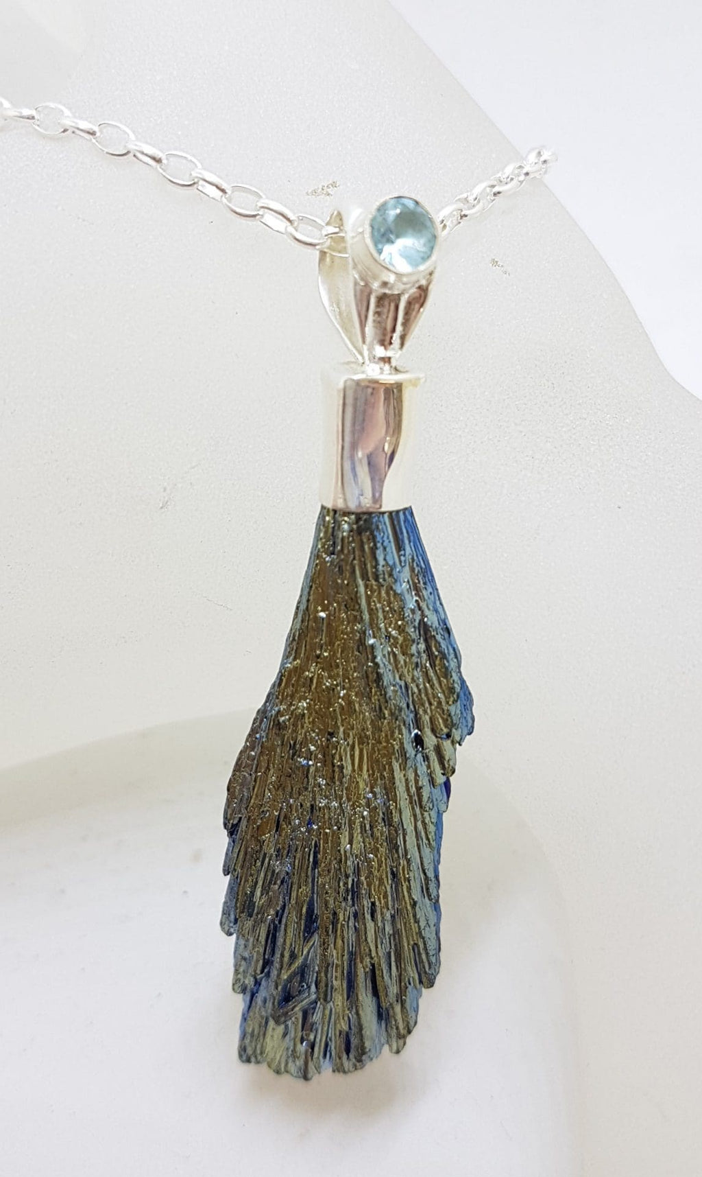 Sterling Silver Black Titanium Kyanite Pendant on Silver Chain – Yellow &amp; Blue with Topaz