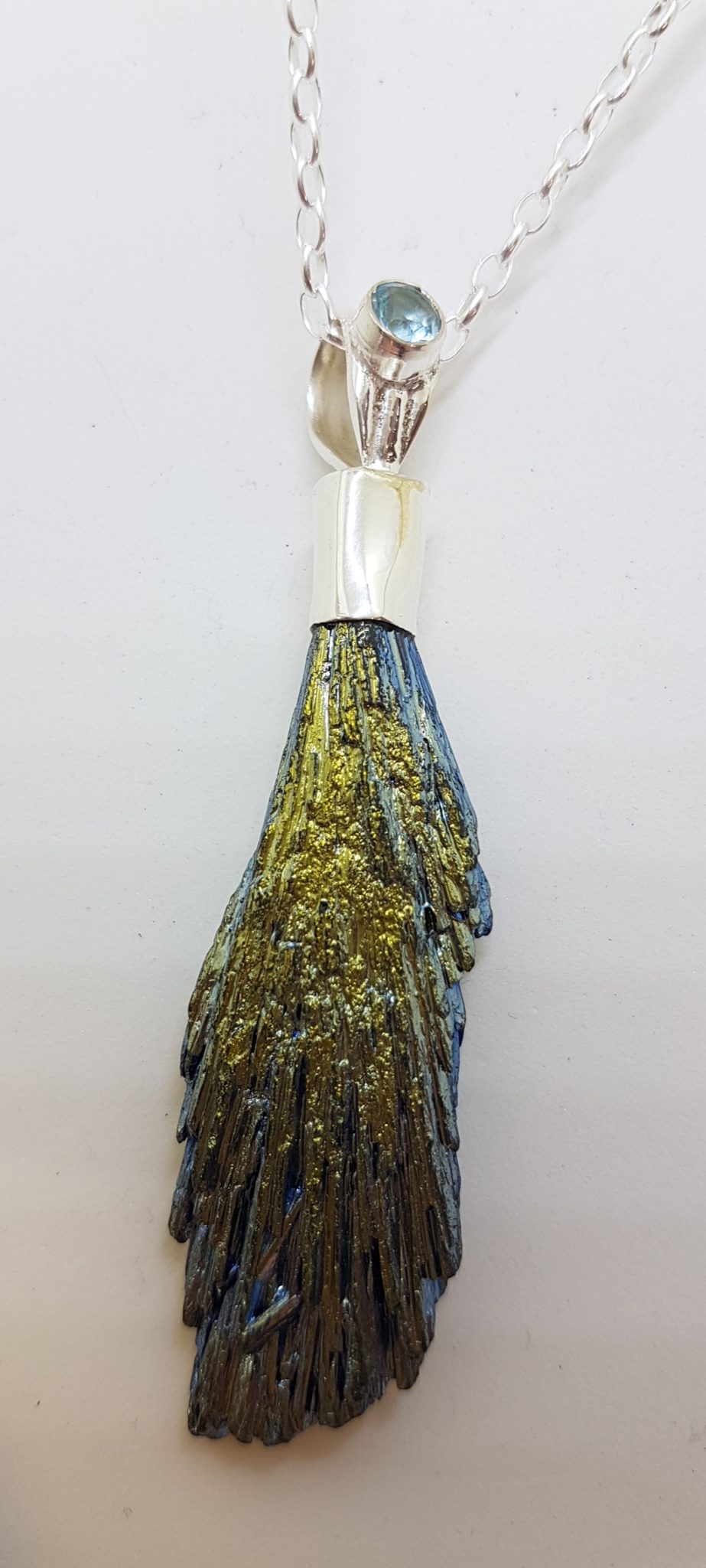 Sterling Silver Black Titanium Kyanite Pendant on Silver Chain – Yellow &amp; Blue with Topaz
