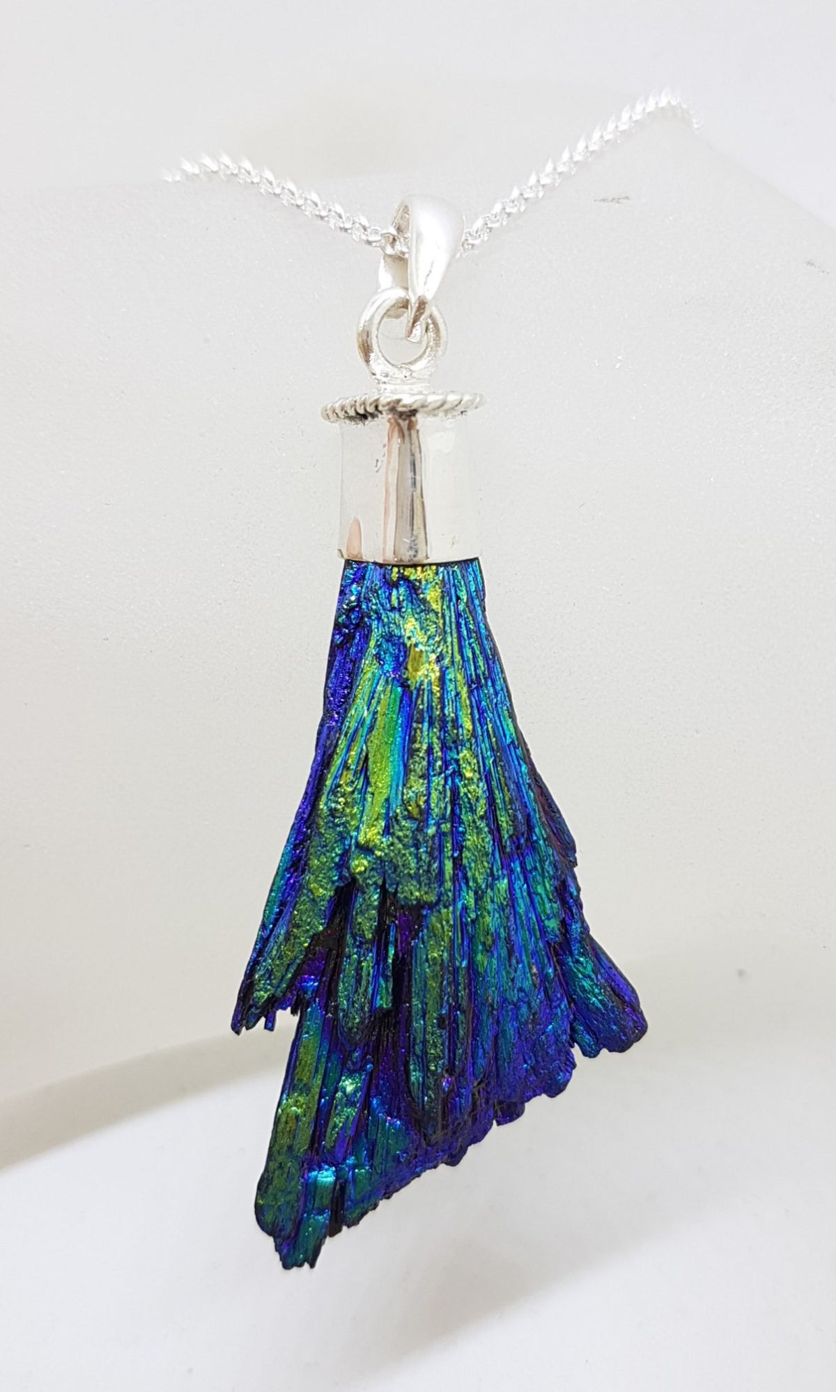Sterling Silver Black Titanium Kyanite Pendant on Silver Chain – Blue &amp; Green