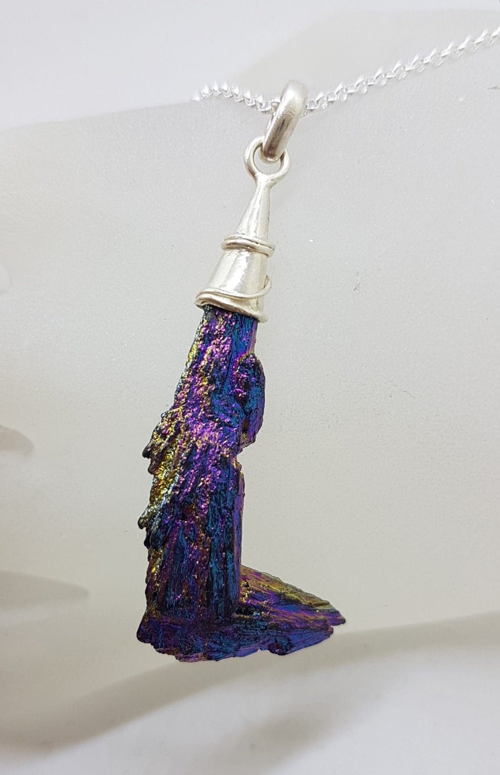 Sterling Silver Black Titanium Kyanite Pendant on Silver Chain – Purple and Blue L Shape