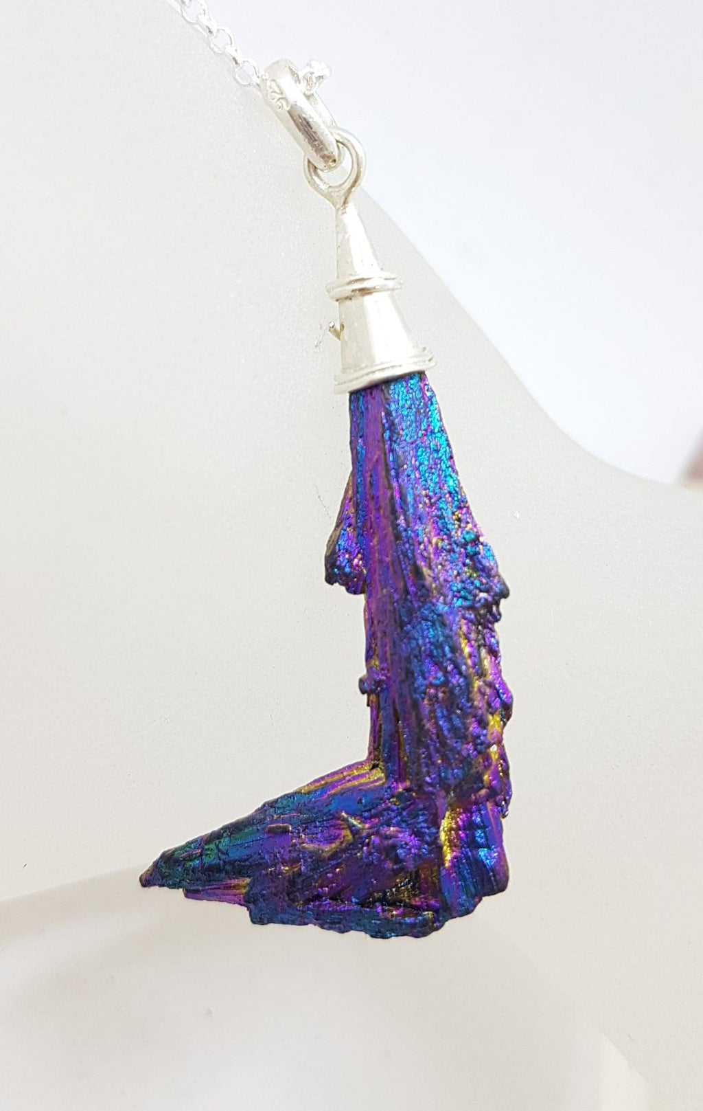 Sterling Silver Black Titanium Kyanite Pendant on Silver Chain – Purple and Blue L Shape