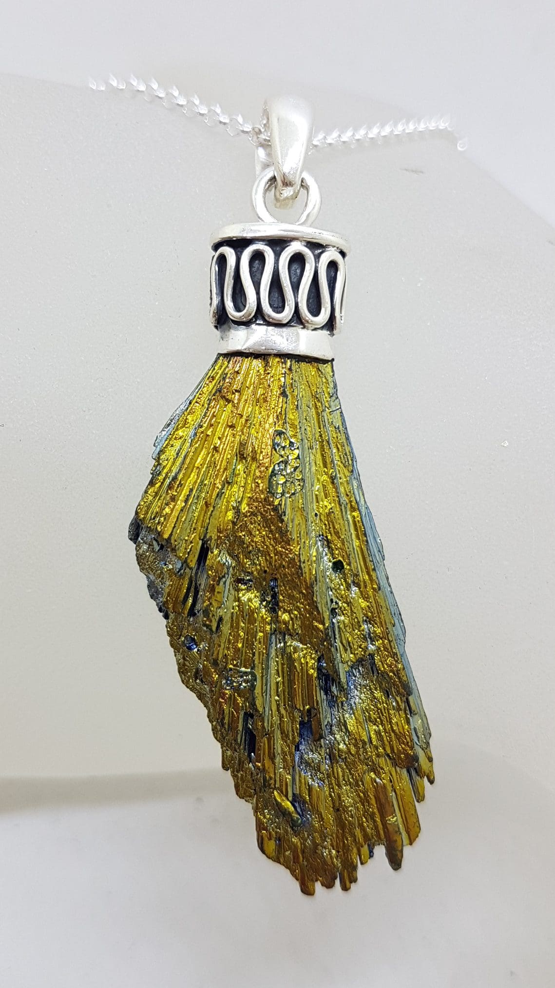 Sterling Silver Black Titanium Kyanite Pendant on Silver Chain – Vibrant Yellow