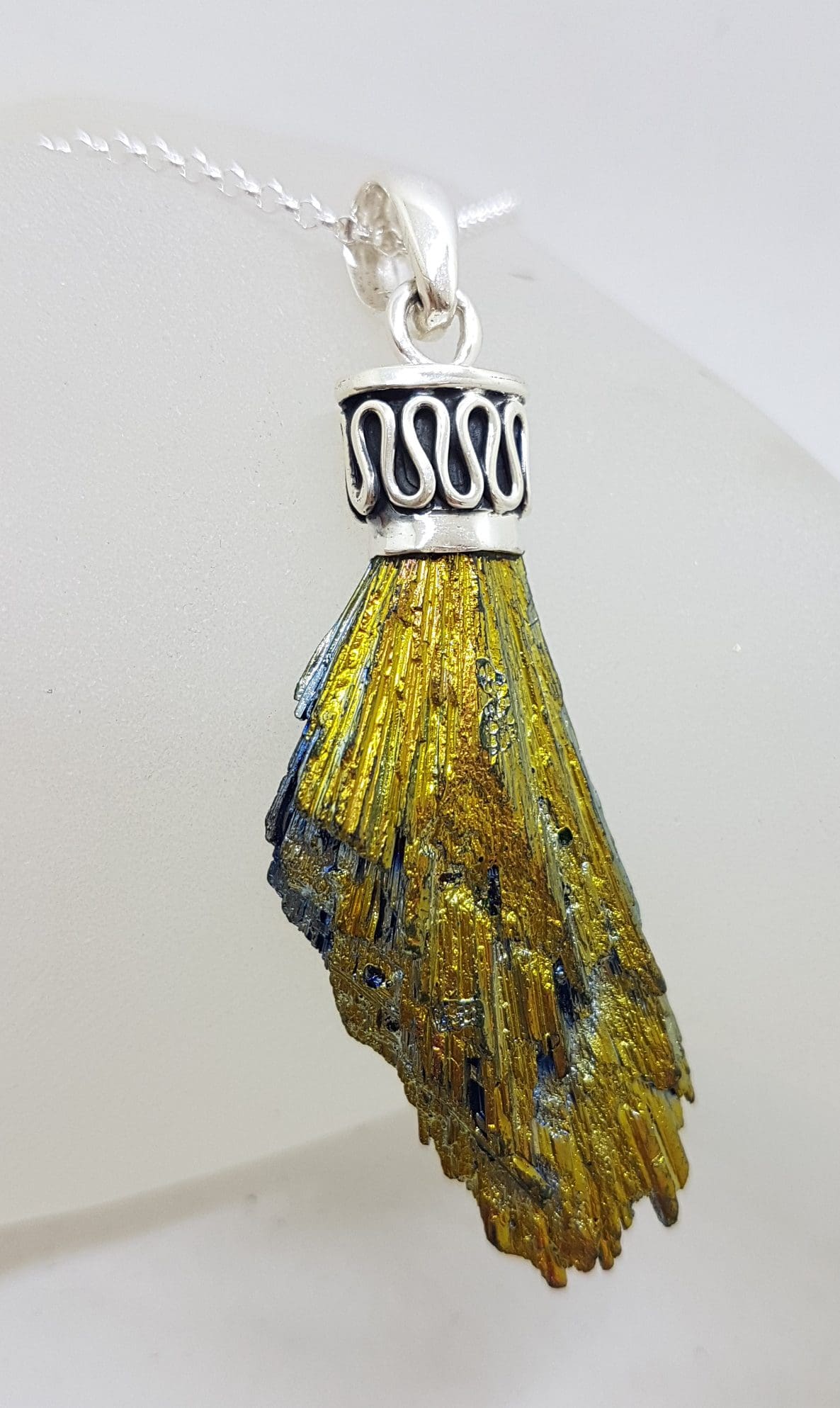 Sterling Silver Black Titanium Kyanite Pendant on Silver Chain – Vibrant Yellow