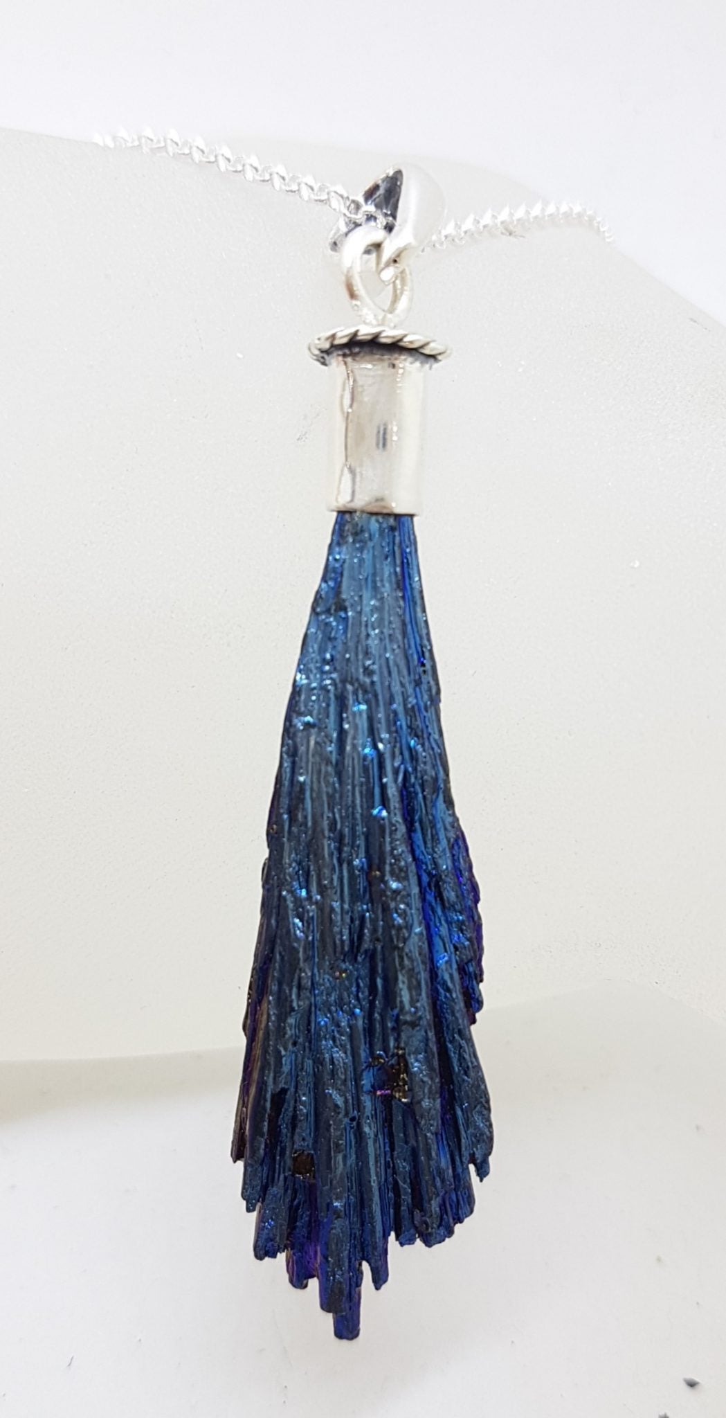 Sterling Silver Black Titanium Kyanite Pendant on Silver Chain – Long Blue