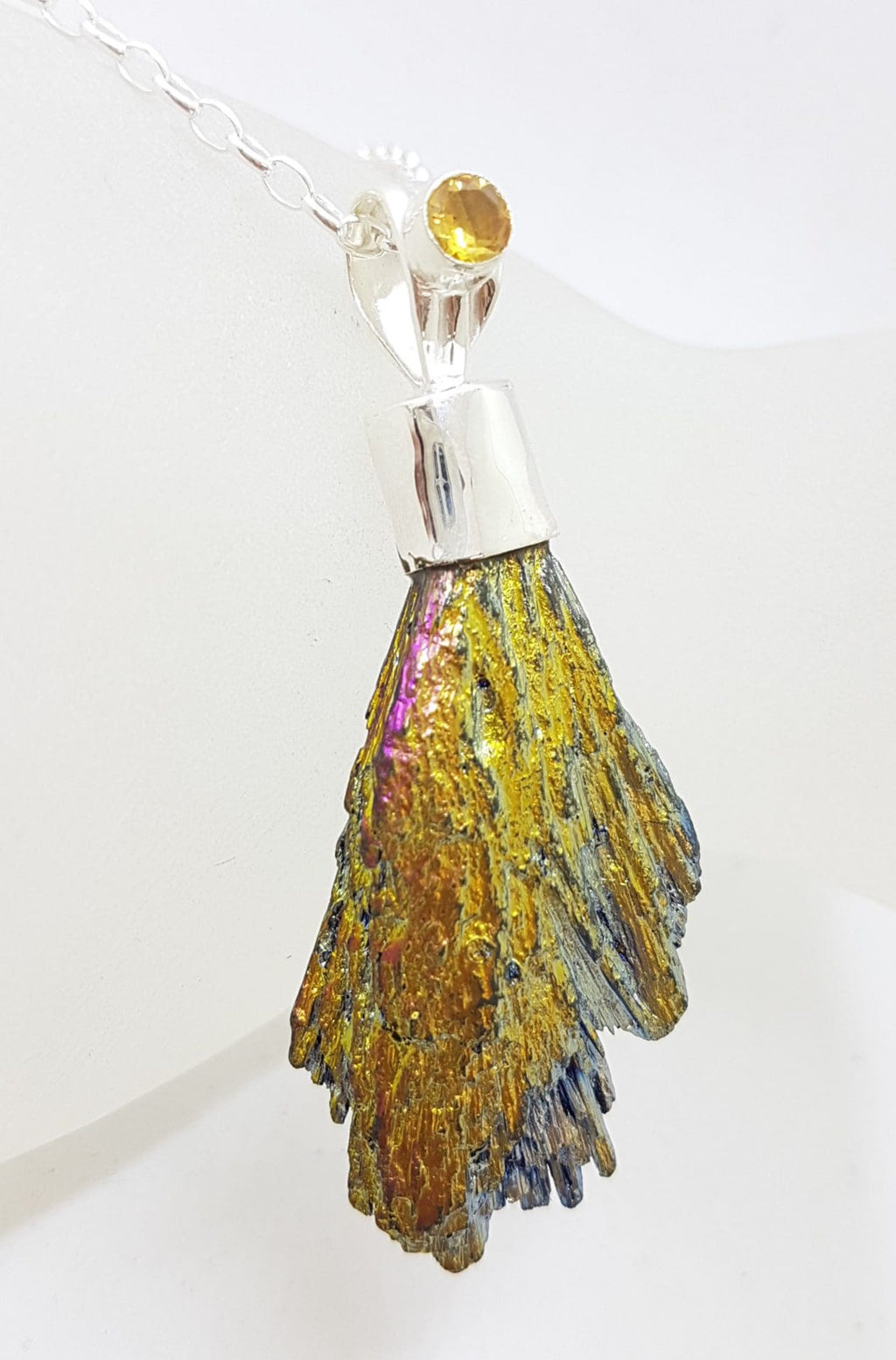 Sterling Silver Black Titanium Kyanite Pendant on Silver Chain - Bright Yellow with Citrine