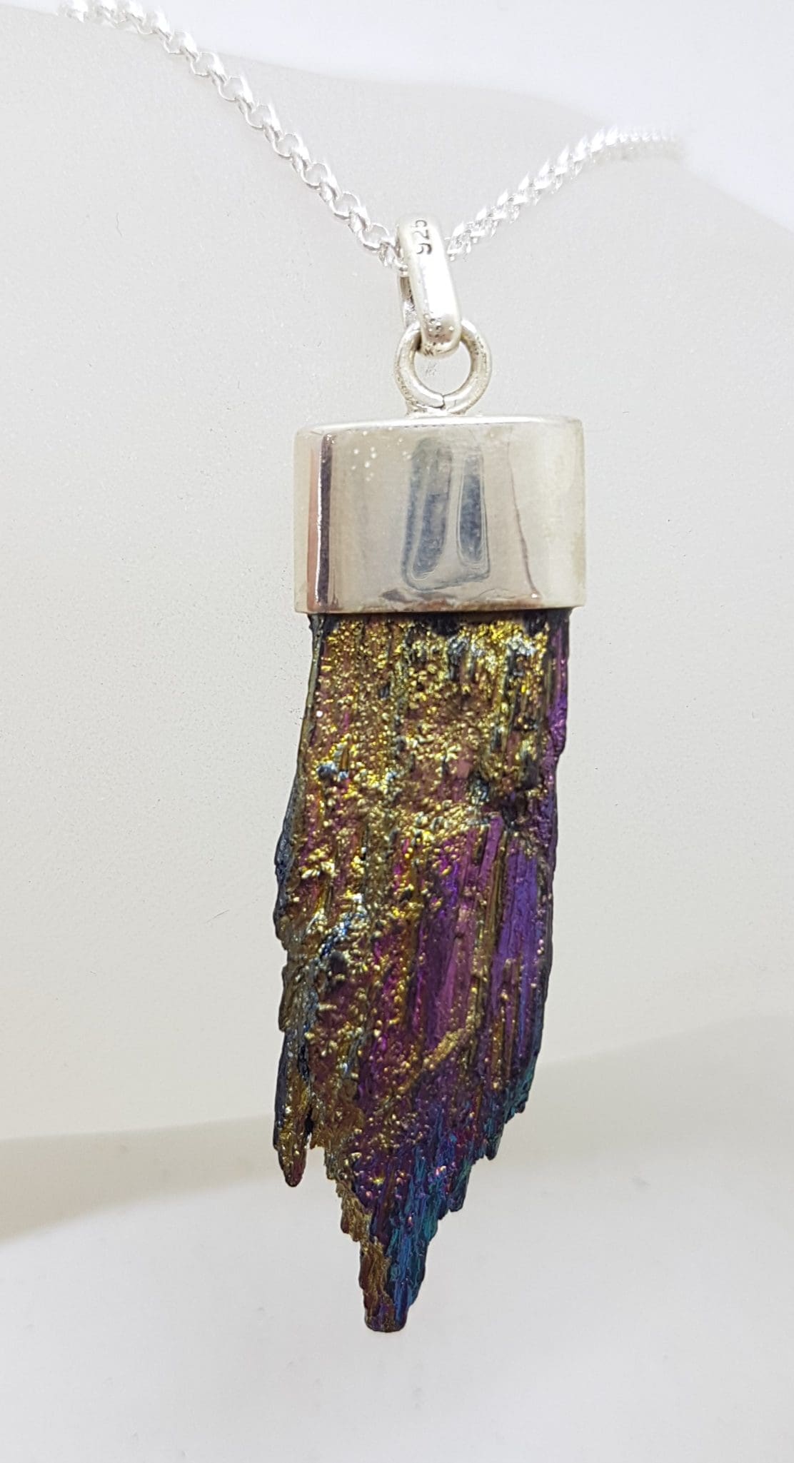 Sterling Silver Black Titanium Kyanite Pendant on Silver Chain – Purple with Yellow
