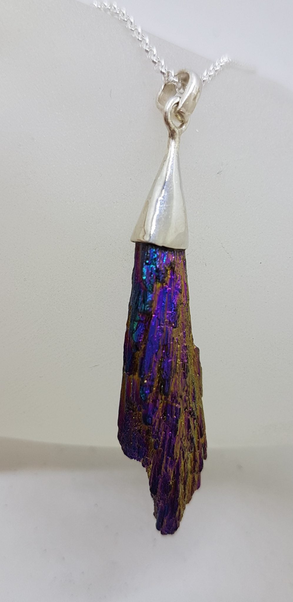 Sterling Silver Black Titanium Kyanite Pendant on Silver Chain - Purple with Yellow