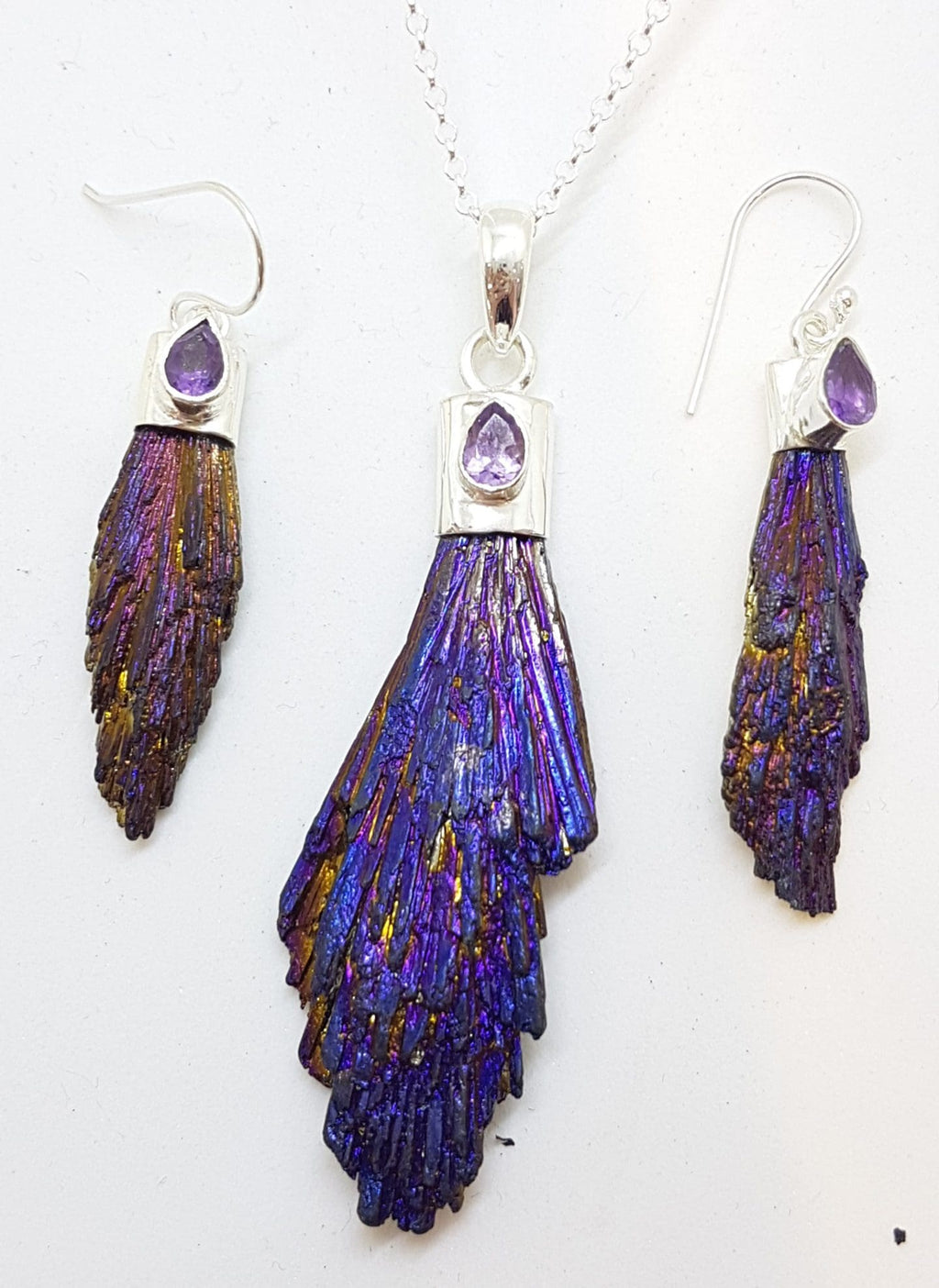 Sterling Silver Black Titanium Kyanite Long Drop Earrings with Amethyst – Purple