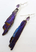Sterling Silver Black Titanium Kyanite Long Drop Earrings - Purple with Amethyst