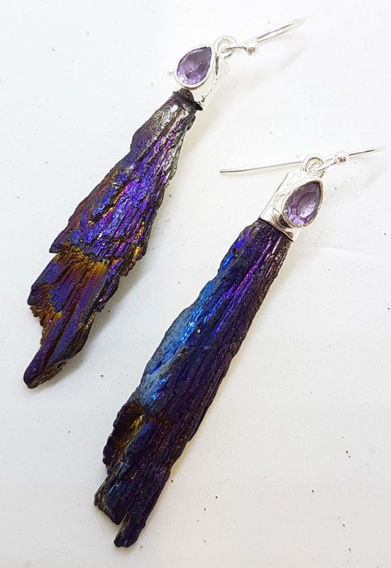 Sterling Silver Black Titanium Kyanite Long Drop Earrings - Purple with Amethyst
