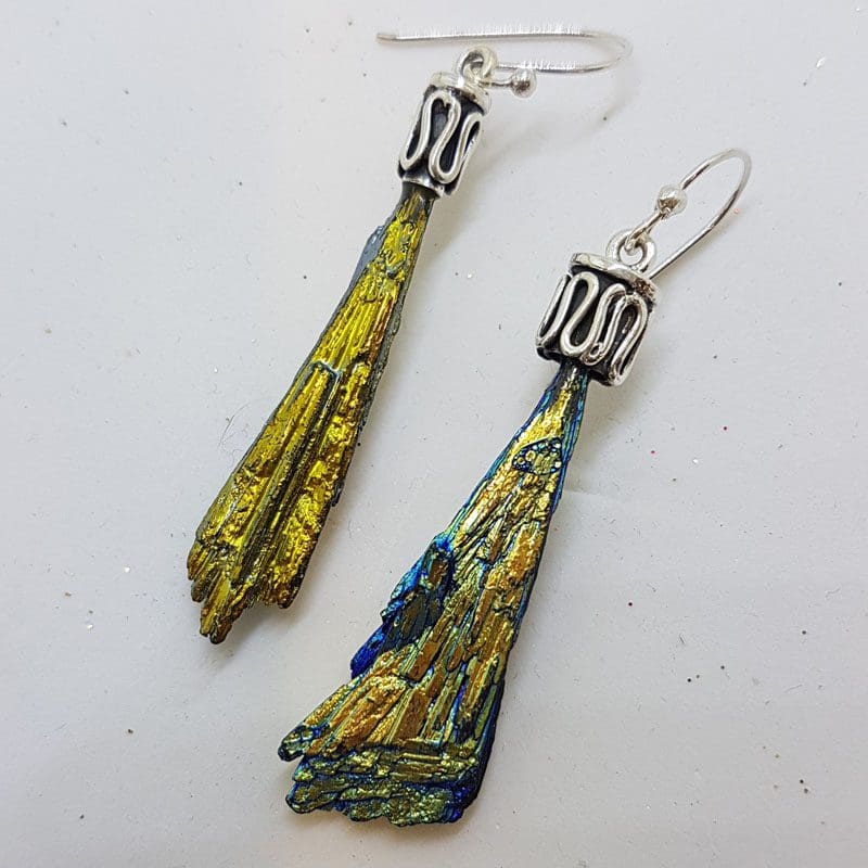 Sterling Silver Black Titanium Kyanite Long Drop Earrings - Vibrant Yellow with Ornate Top