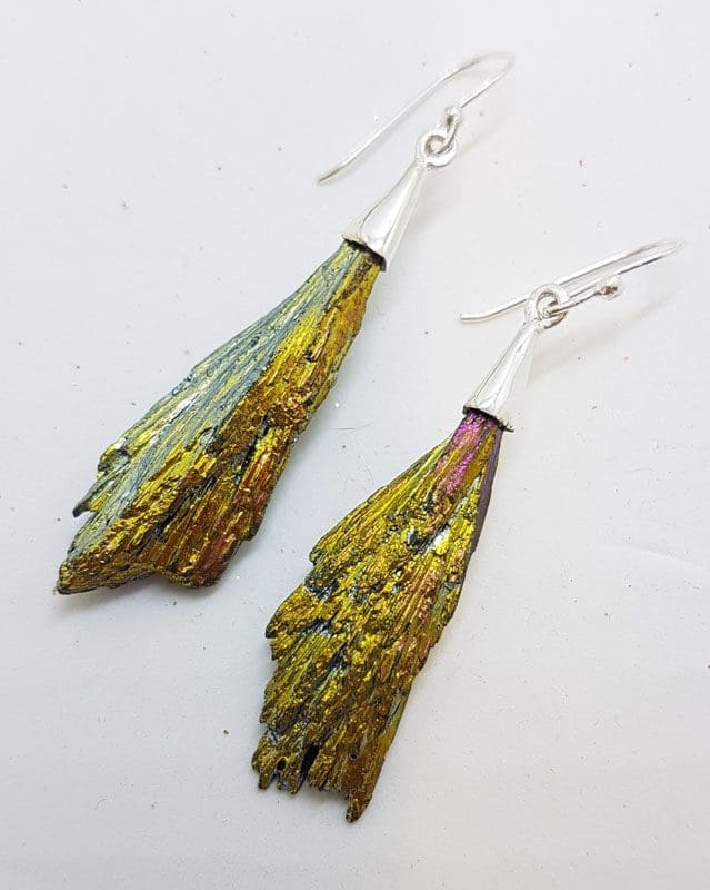 Sterling Silver Black Titanium Kyanite Long Drop Earrings - Vibrant Yellow