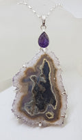 Sterling Silver Very Large Natural Shape Amethyst Slice with Cabochon Amethyst Pendant on Silver Chain