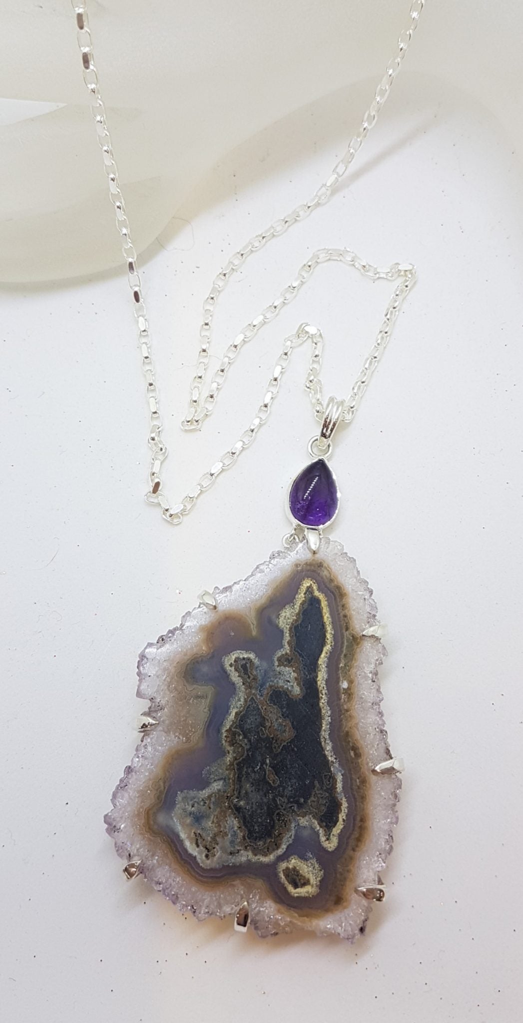 Sterling Silver Very Large Natural Shape Amethyst Slice with Cabochon Amethyst Pendant on Silver Chain