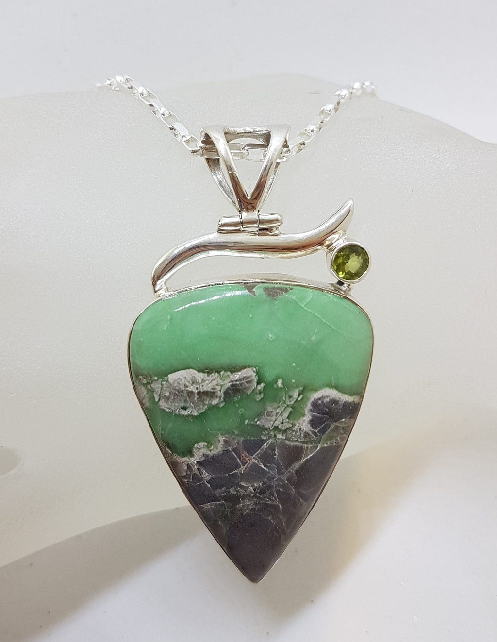 Sterling Silver Large Variscite with Peridot Pendant on Silver Chain