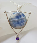 Sterling Silver Large Round Blue Scheelite with Amethyst Pendant on Silver Chain