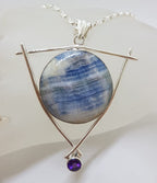 Sterling Silver Large Round Blue Scheelite with Amethyst Pendant on Silver Chain