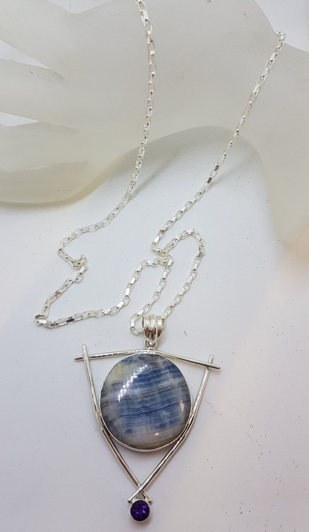 Sterling Silver Large Round Blue Scheelite with Amethyst Pendant on Silver Chain