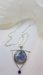 Sterling Silver Large Round Blue Scheelite with Amethyst Pendant on Silver Chain