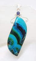 Sterling Silver Very Large Unusual Shape Azurite Malachite with Iolite Pendant on Silver Chain