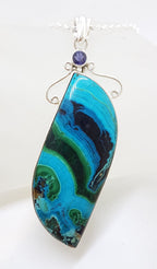 Sterling Silver Very Large Unusual Shape Azurite Malachite with Iolite Pendant on Silver Chain