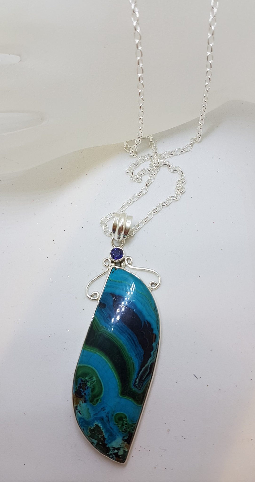 Sterling Silver Very Large Unusual Shape Azurite Malachite with Iolite Pendant on Silver Chain