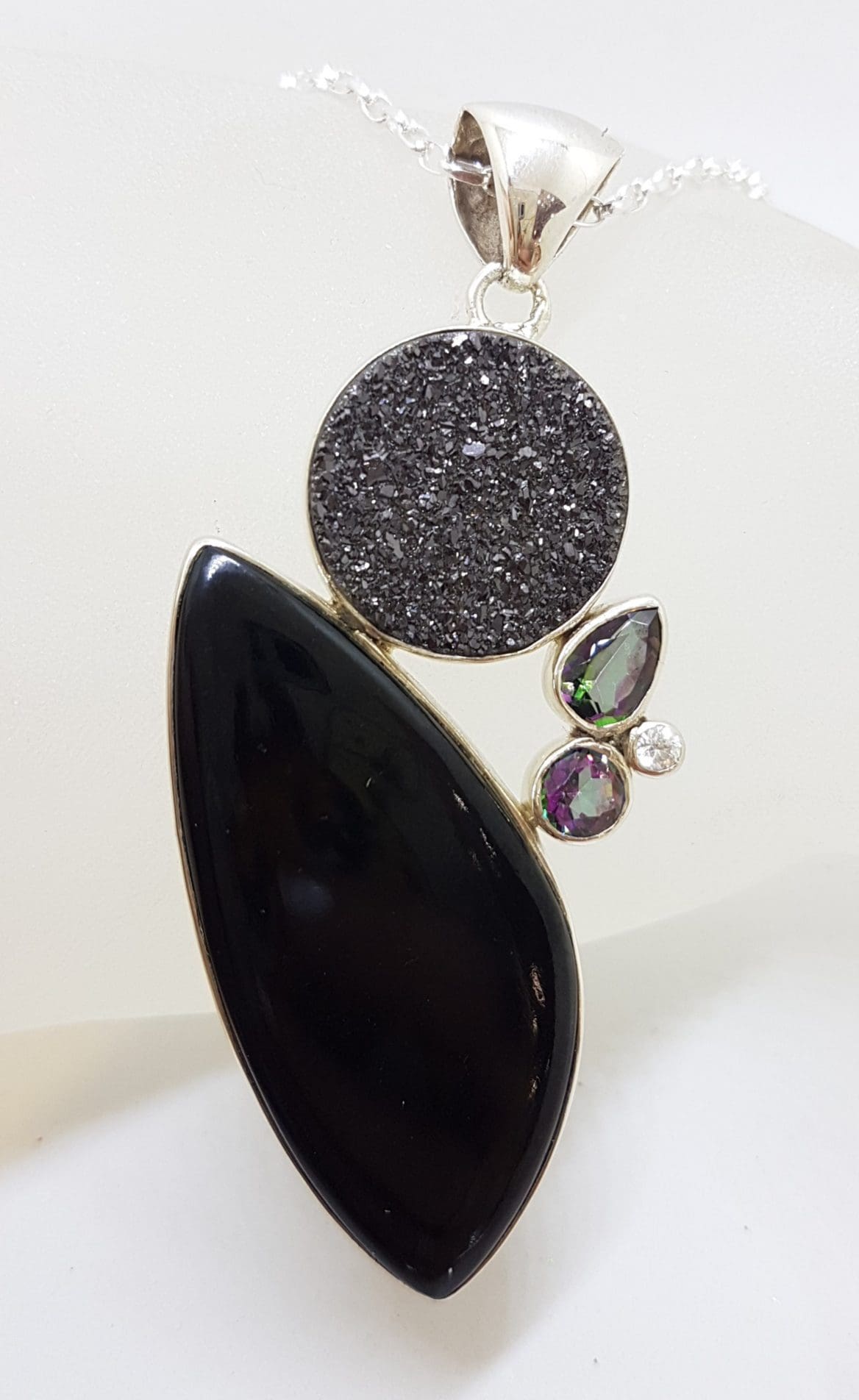 Sterling Silver Large Onyx with Pyrite and Mystic Quartz / Mystic Topaz Pendant on Silver Chain