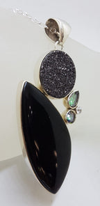 Sterling Silver Large Onyx with Pyrite and Mystic Quartz / Mystic Topaz Pendant on Silver Chain