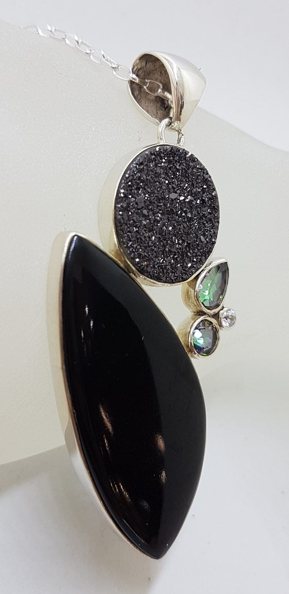Sterling Silver Large Onyx with Pyrite and Mystic Quartz / Mystic Topaz Pendant on Silver Chain