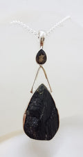 Sterling Silver Large Teardrop / Pear Shape Black Tourmaline with Smokey Quartz Pendant on Silver Chain