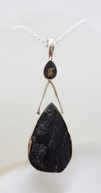 Sterling Silver Large Teardrop / Pear Shape Black Tourmaline with Smokey Quartz Pendant on Silver Chain