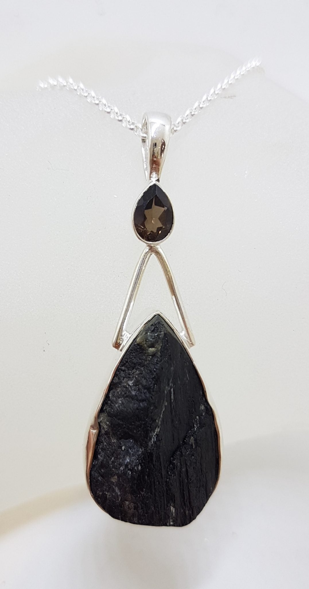 Sterling Silver Large Teardrop / Pear Shape Black Tourmaline with Smokey Quartz Pendant on Silver Chain