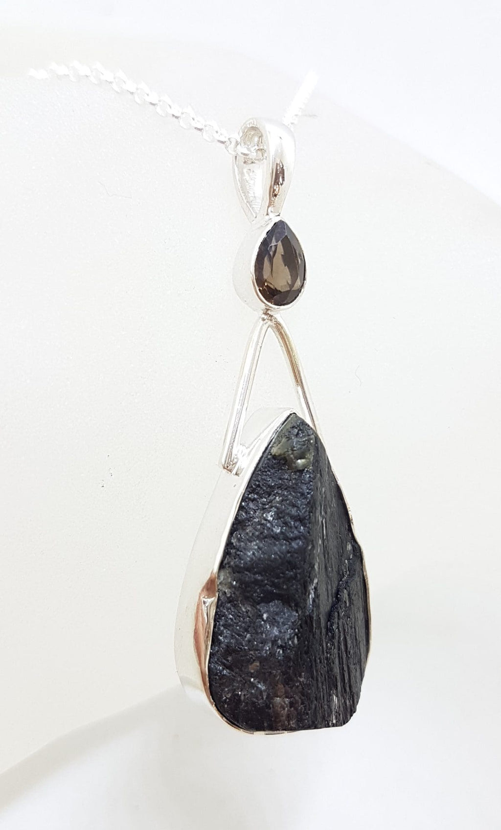 Sterling Silver Large Teardrop / Pear Shape Black Tourmaline with Smokey Quartz Pendant on Silver Chain
