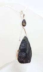 Sterling Silver Large Teardrop / Pear Shape Black Tourmaline with Smokey Quartz Pendant on Silver Chain