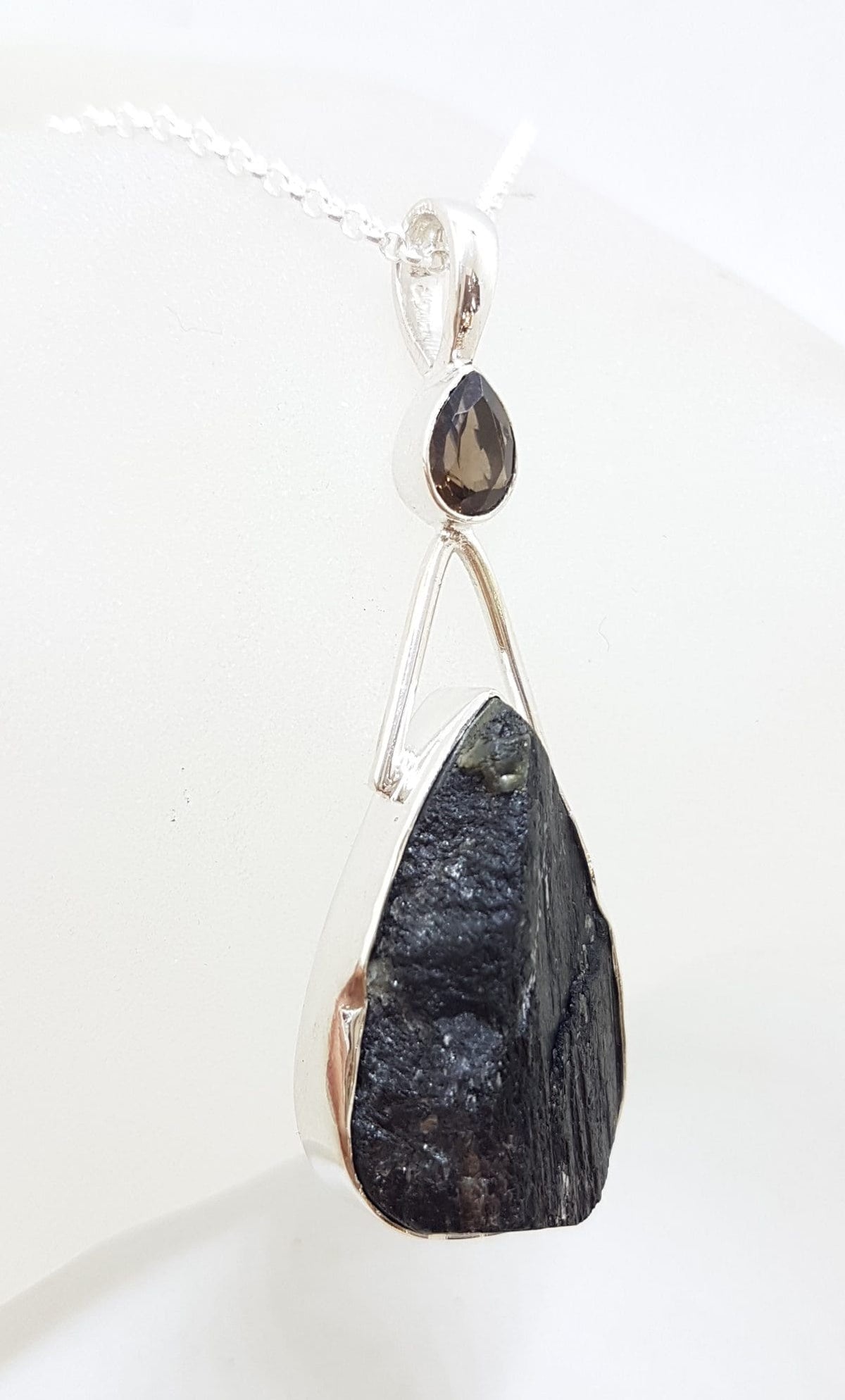 Sterling Silver Large Teardrop / Pear Shape Black Tourmaline with Smokey Quartz Pendant on Silver Chain