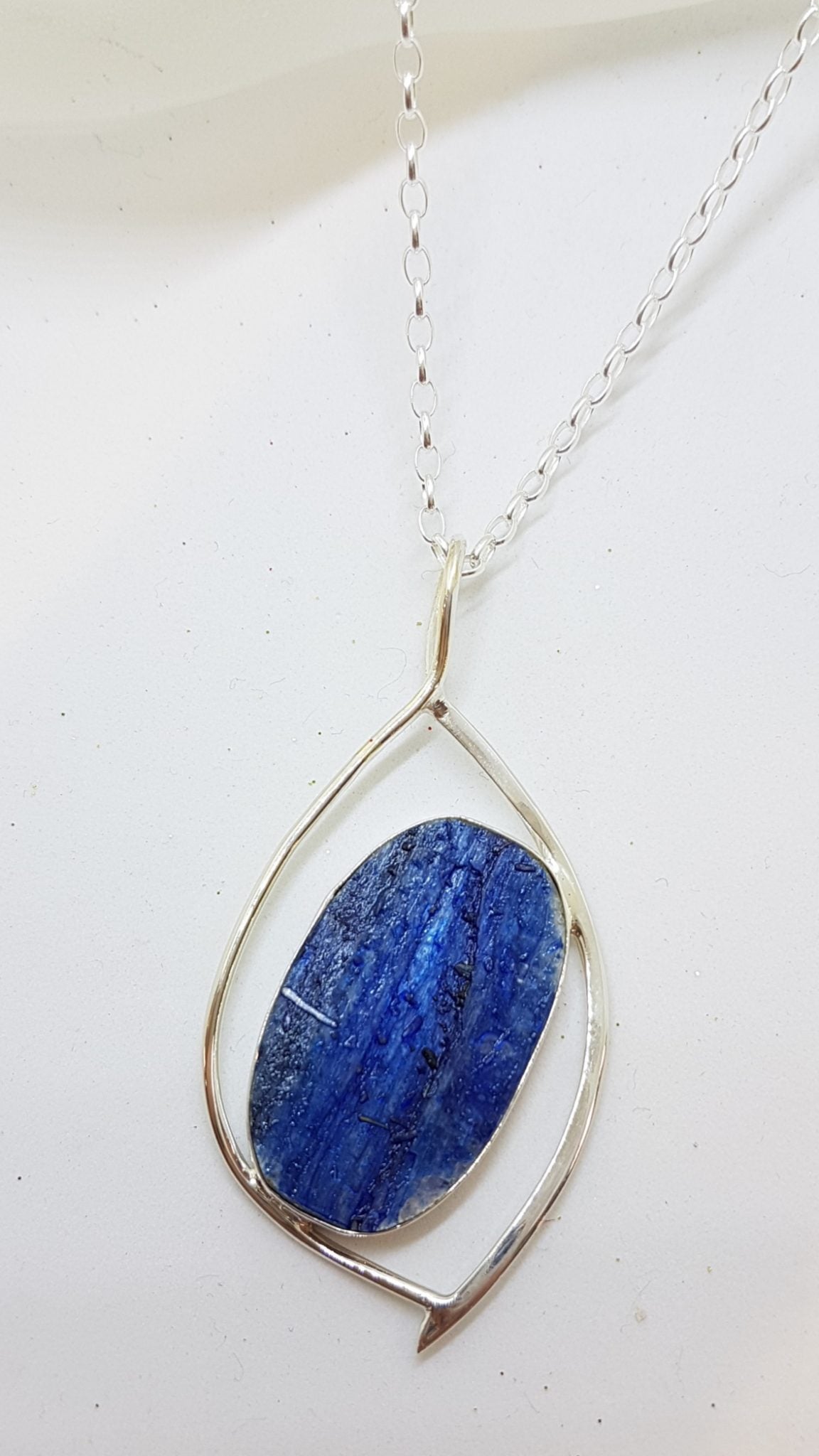 Sterling Silver Large Oval Blue Kyanite Open Design Pendant on Silver Chain