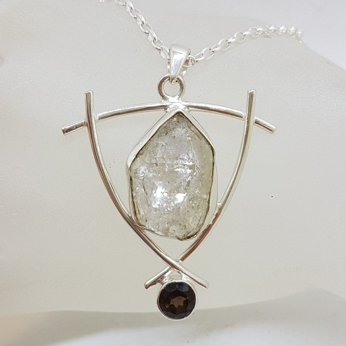 Sterling Silver Large Herkimer Diamond with Smokey Quartz Pendant on Silver Chain
