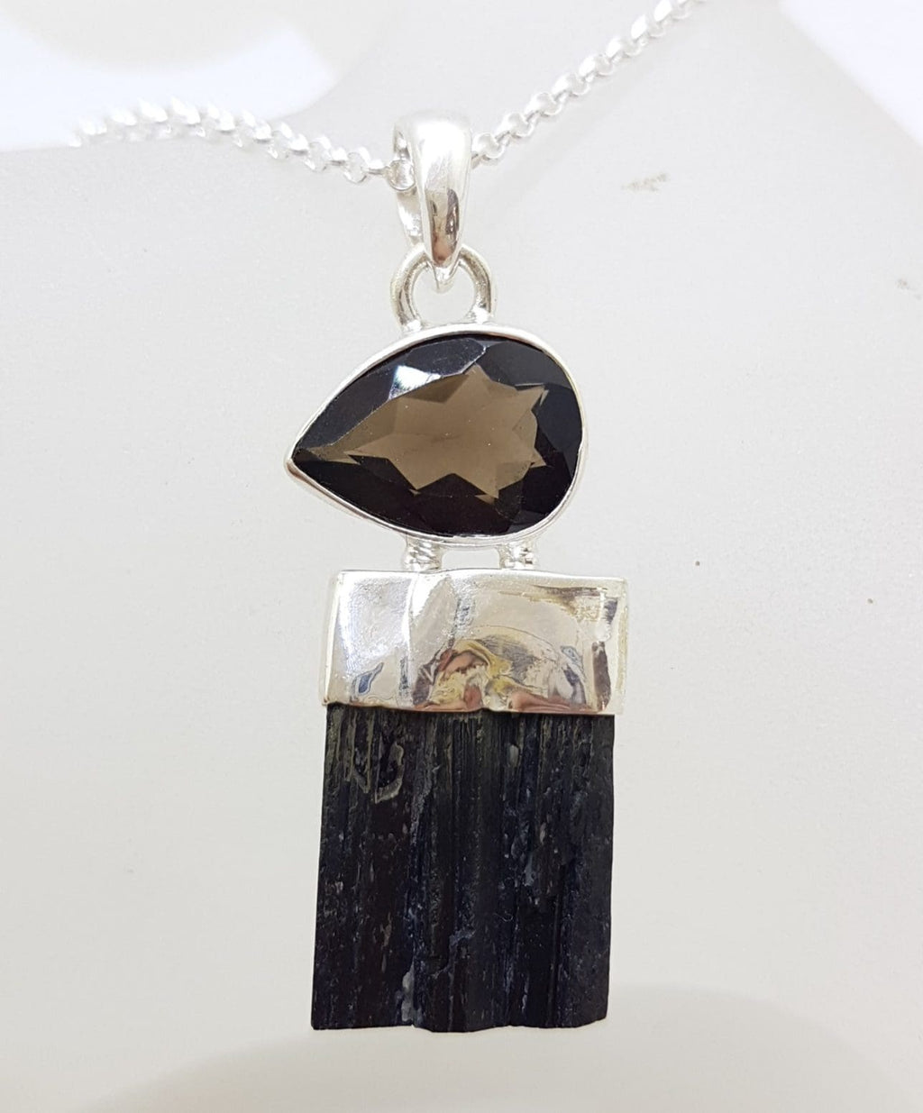 Sterling Silver Black Tourmaline with Smokey Quartz Pendant on Silver Chain