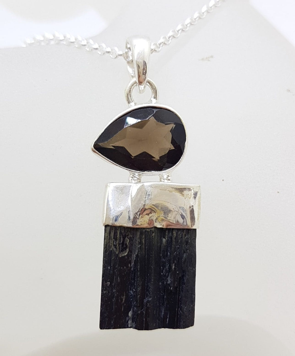 Sterling Silver Black Tourmaline with Smokey Quartz Pendant on Silver Chain