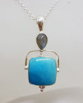 Sterling Silver Square Natural Sleeping Beauty Turquoise with Cabochon Labradorite Pendant on Silver Chain